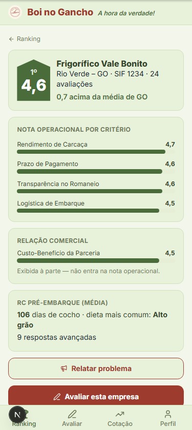 Ficha do frigorífico com notas por critério